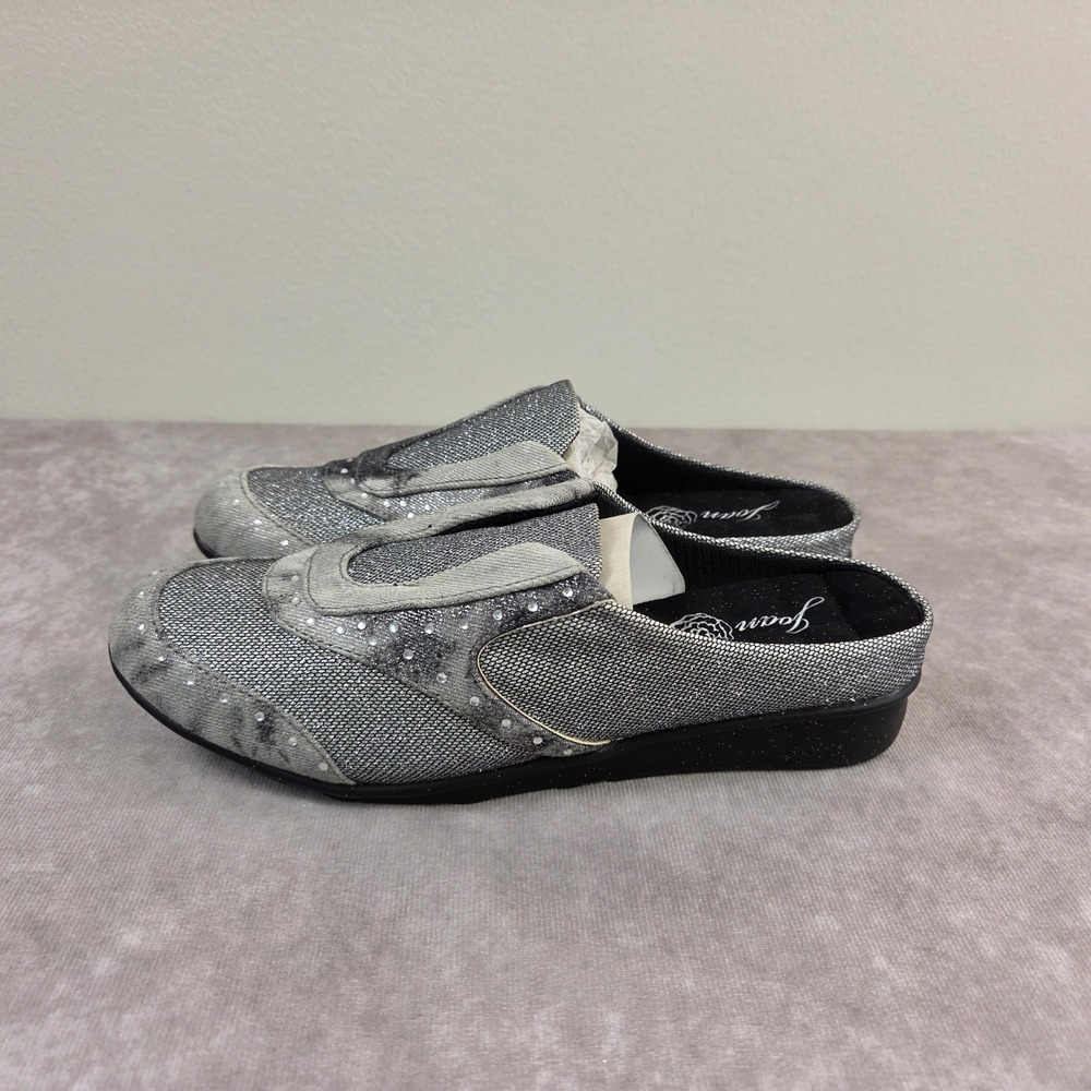 Joan Boyce Silver Metallic Rhinestone Slip On Mule Sneakers Womens 6M S1372